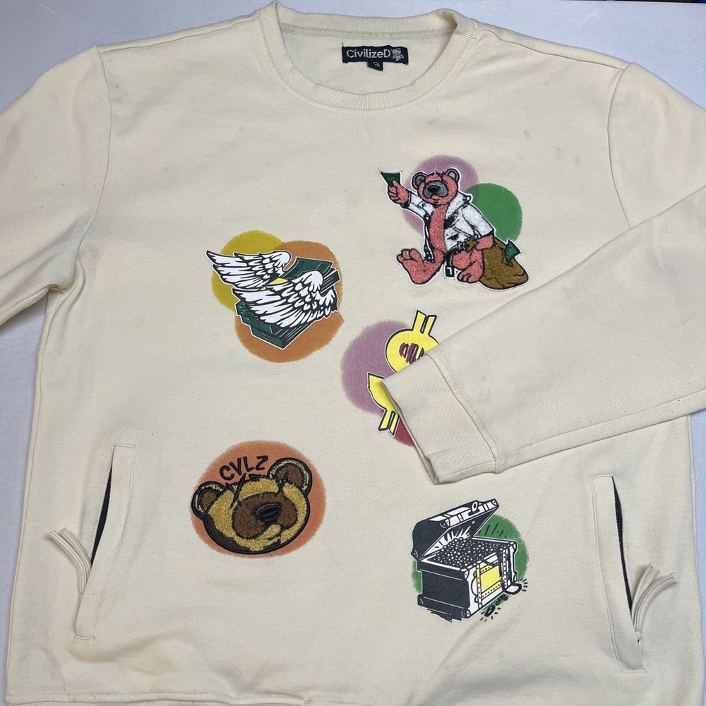 Civilized Crewneck Sweatshirt‎ Mens 2XL Cream Teddy Bear Graphic Chest Pockets